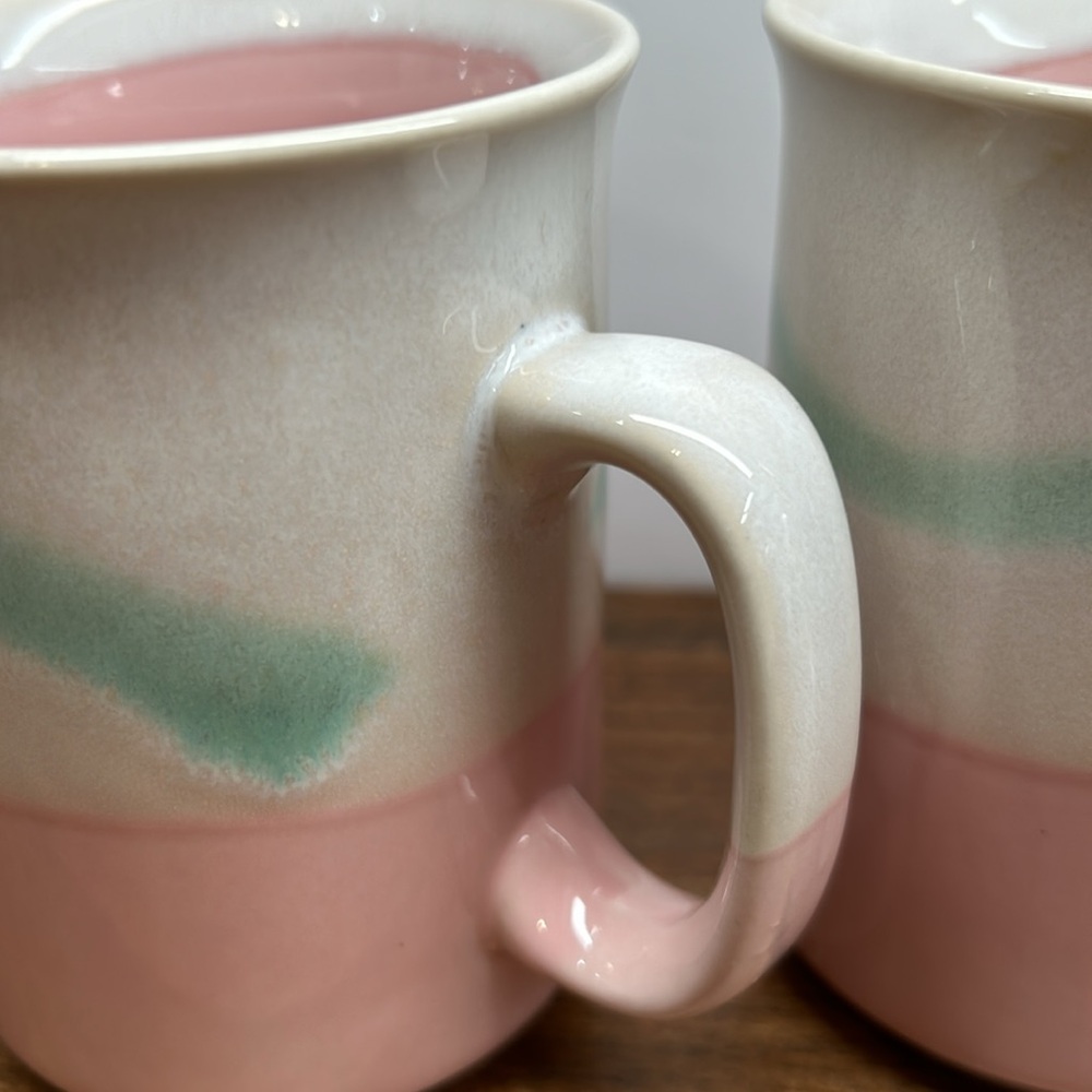 Vintage 80’s Stoneware Mugs Set Of Two Pink Mint Green & Cream In Colour - Picture 3 of 11